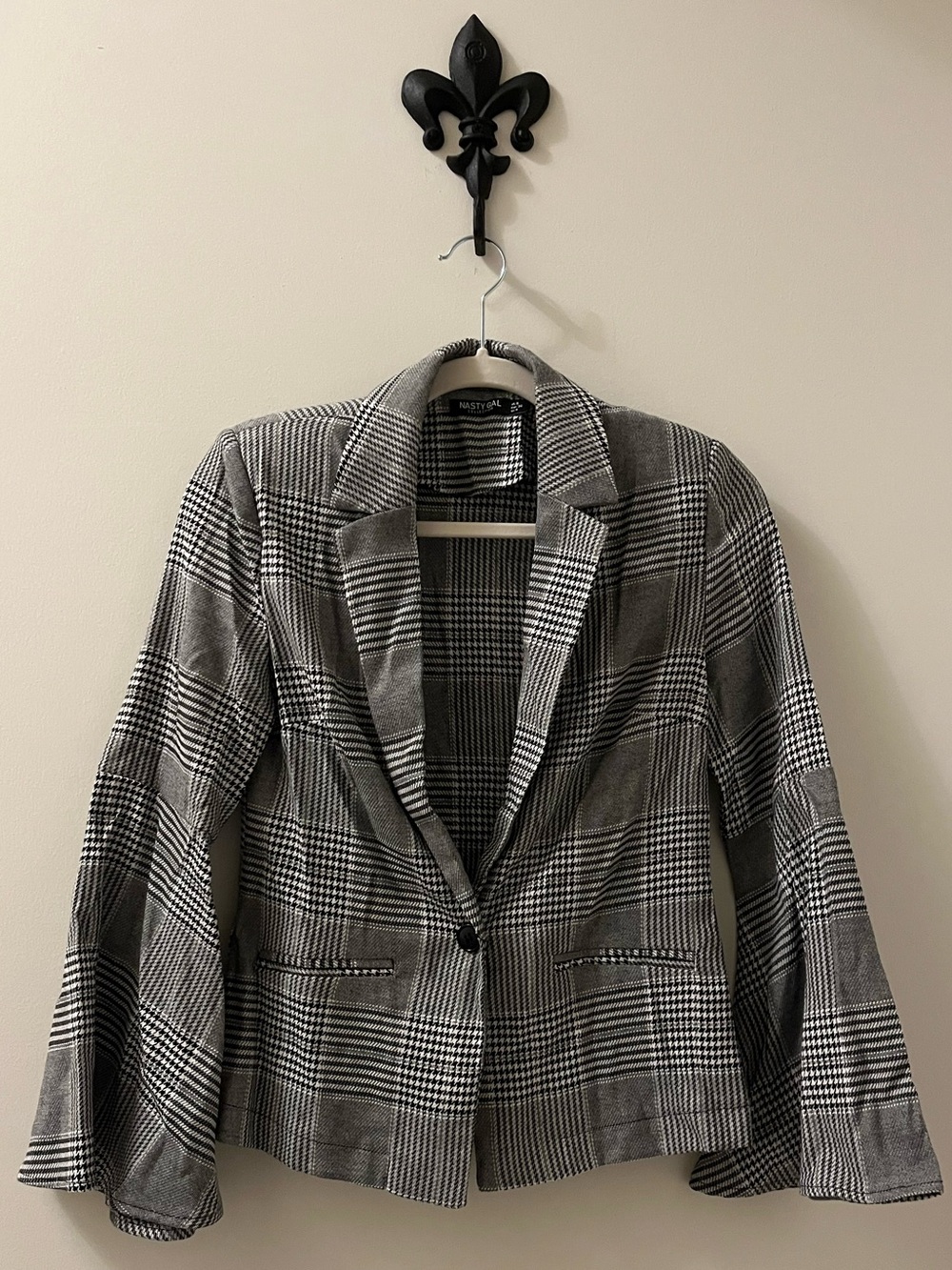 Nasty Gal Black and Gray Plaid Single-Button Blazer